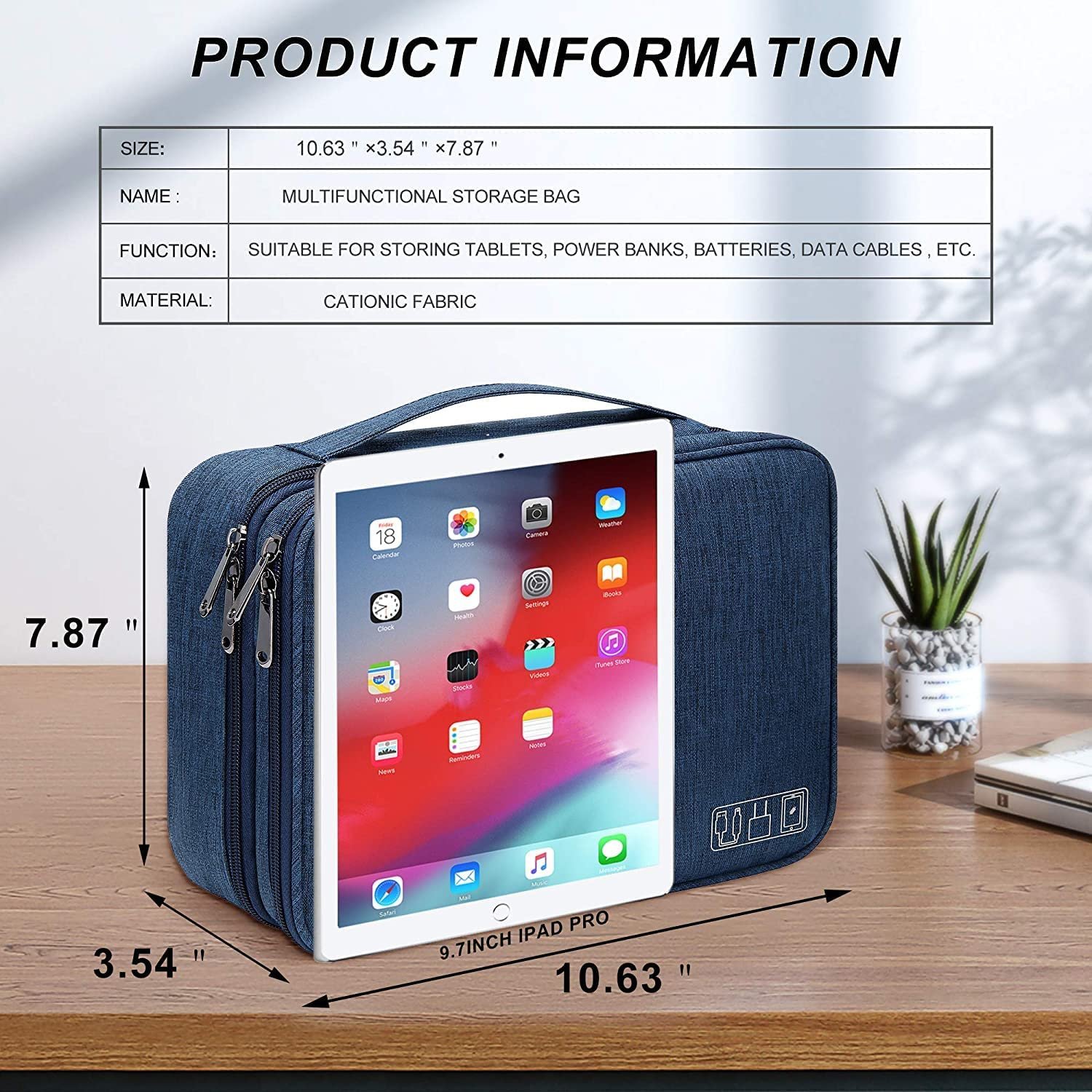 PETRICE Gadget Organizer Travel Cable Accessories Bag Double Layer Electronics Organizer Portable Storage Case for Cable, Cord, Charger, Adapter, Power Bank, Hard Drives - Dark Blue, Nylon - Image 6