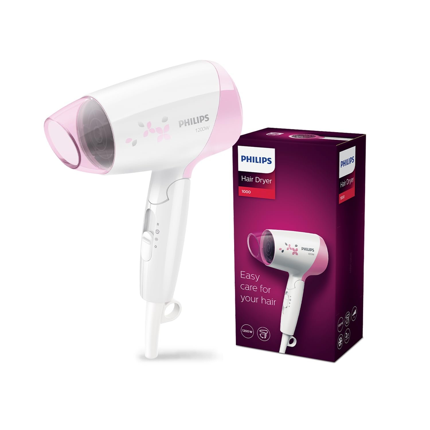 Philips Foldable Hair Dryer 1200 Watts| 3 Heat Settings with Cool Shot (Hot/Cool/Warm) | ThermoProtect Technology | HP8120/00 - Pink | Perfect Blow Dry & Style | 2 years Warranty