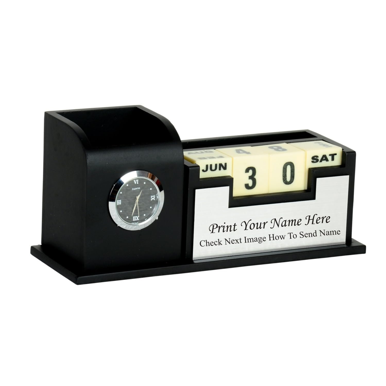 SHIVOM CRAFTS Pen Stand For Office Table, Desk Organizer With Wooden Calendar, Pen Stand, Mobile Holder For Home And Office - Customized Personalized Gift/Get Name Printed (Silver, Stationery)