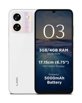 Lava O3 (Glossy White, 3 GB RAM, 64 GB Storage) | Biggest 6.75″ HD+ Display | 13MP AI Dual Rear Camera | 5000 mAh Battery | Secure Face Unlock | Fingerprint Reader | Charger & Phone-Cover in Box Lava O3 (Glossy White, 3 GB RAM, 64 GB Storage) | Biggest 6.75″ HD+ Display | 13MP AI Dual Rear Camera | 5000 mAh Battery | Secure Face Unlock | Fingerprint Reader | Charger & Phone-Cover in Box