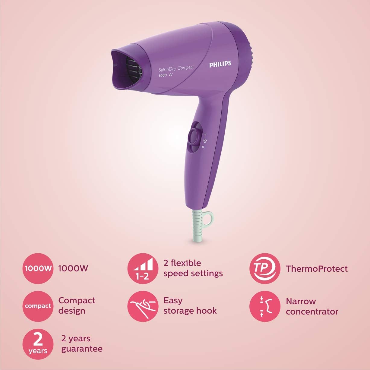 Philips HP8100/46 Compact Hair Dryer| 2 Flexible heat setting| ThermoProtect prevents overhearting | 1000 Watts- Purple - Image 2