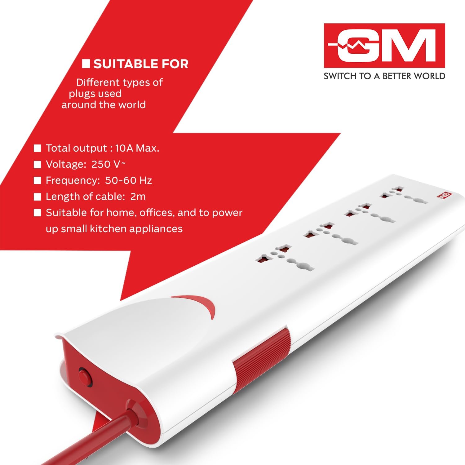 GM 3060 Extension Board 10Amp Output 250 Volts with 2 Mtr Extension Cord & Surge Protector | Master Switch, Safety Shutter, 4 International Sockets | Multi Plug Travel Adapter for Home Appliances - Image 6