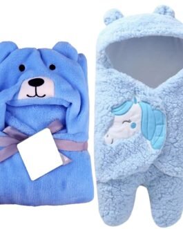 First Kick Baby Blankets New Born Combo Pack of Hooded Wrapper Sleeping Bag & Baby Bath Towel for 0-6 Months Baby Boy/Girls Pack of 2, lightweight, Microfibre Fleece & Sherpa, blue dog, unicorn blue