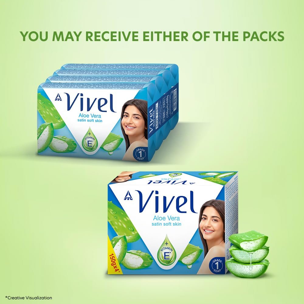 Vivel Aloe Vera Grade 1 Bathing Soap with Vitamin E for Soft Glowing skin, 600g (150g - Pack of 4), Soap for Women & Men, For All Skin Types - Image 2