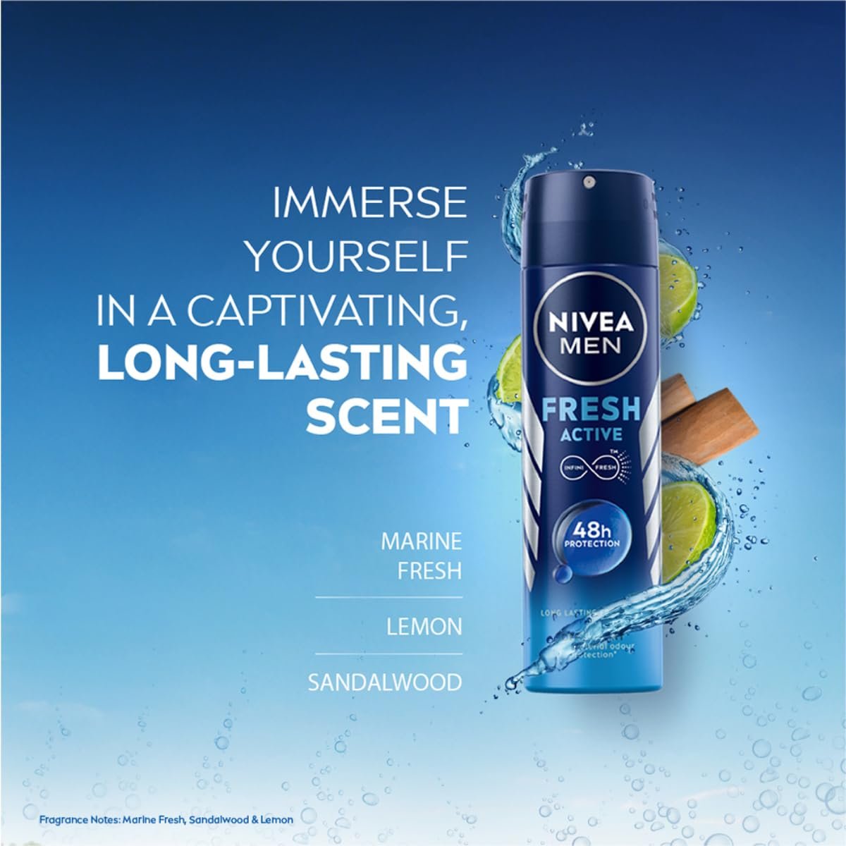 NIVEA MEN Fresh Active Original Deodorant for Men | 48 H Active Odour Protection | Long Lasting Smell Deo | Marine Fresh, Lemon and Sandalwood Fragrance | Dermatologically Approved | 150ml - Image 4