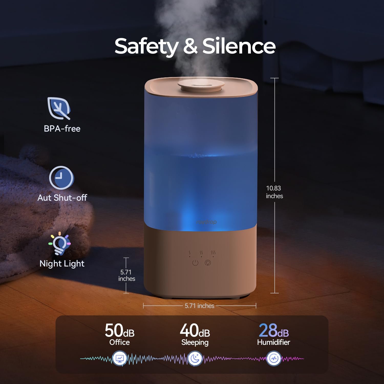 raydrop Humidifiers for Home, 2.5L Cool Mist Ultrasonic Humidifiers for Large Room & Bedroom, Top Fill Air Humidifier for Baby Nursery & Plants, Essential Oil Diffuser with Color Lights, Auto Shut-Off - Image 6
