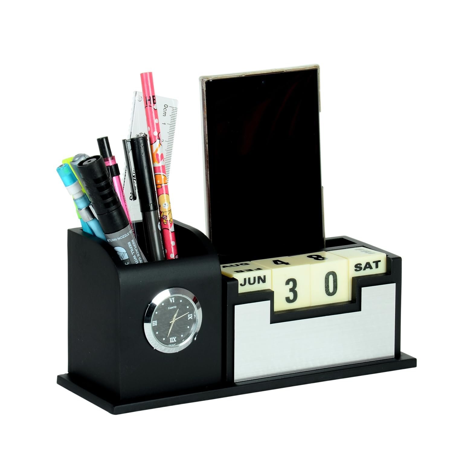 SHIVOM CRAFTS Pen Stand For Office Table, Desk Organizer With Wooden Calendar, Pen Stand, Mobile Holder For Home And Office - Customized Personalized Gift/Get Name Printed (Silver, Stationery) - Image 5