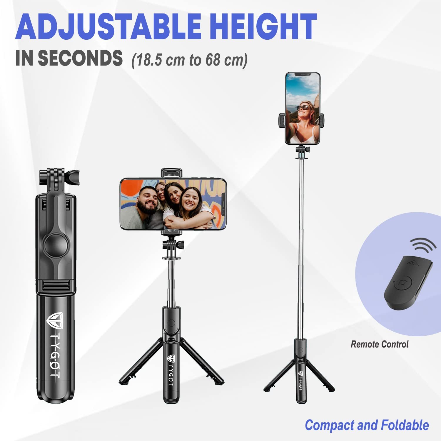 Tygot Bluetooth Extendable Selfie Sticks with Wireless Remote and Tripod Stand, 3-in-1 Multifunctional Selfie Stick with Tripod Stand Compatible with iPhone/OnePlus/Samsung/Oppo/Vivo and All Phones - Image 2