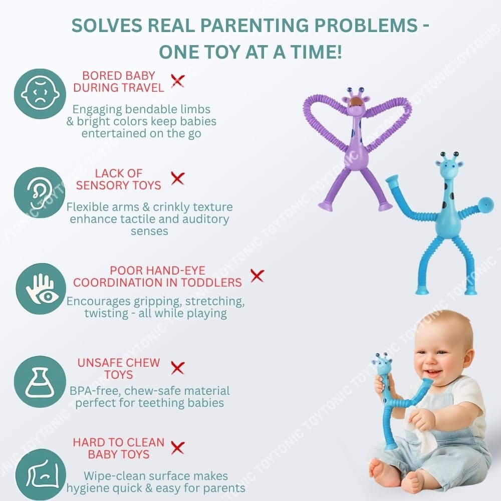 TOYTONIC Stretchy Telescopic Suction Toys for Toddlers – Giraffe Shaped Travel Toys for Kids – Fidget Set for Flights & Road – Travel Essentials for 1+ Year Old Boys & Girls – Multicolor Pack of 2 - Image 6