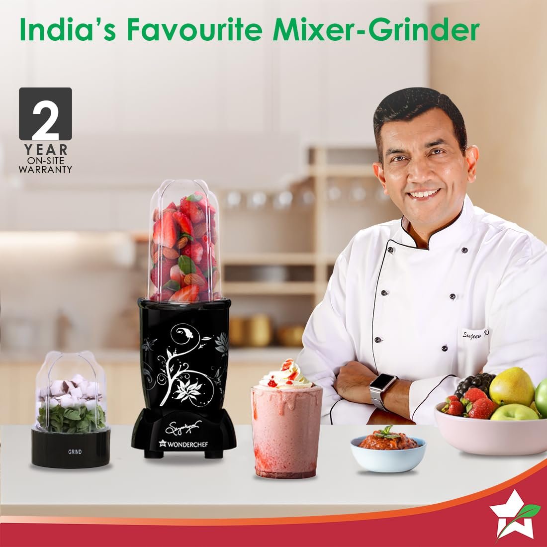 Wonderchef Nutri-blend 500W Mixer Grinder, 22000 RPM Motor, Smoothie Maker, Masala Grinder, Chutney Blender, 3 Unbreakable Jars, Recipe Book by Chef Sanjeev Kapoor, 2 Yr Warranty, Black - Image 2
