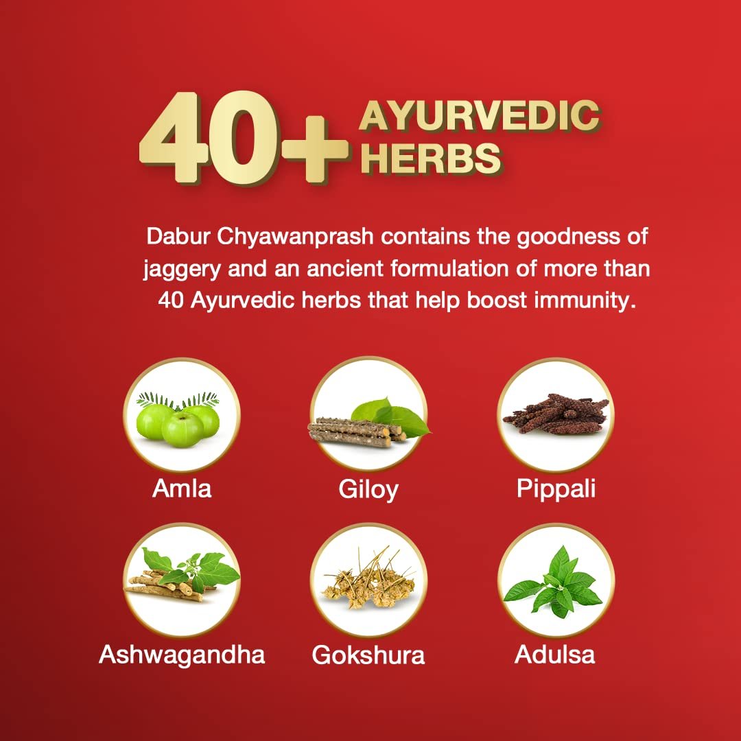 Dabur Chyawanprash Awaleha - 900g | With Goodness of Gur (Jaggery)| 3X Immunity Action | No added Sugar | Helps Improve Digestive & Respiratory Health | With Goodness of 40+ Ayurvedic Herbs - Image 4