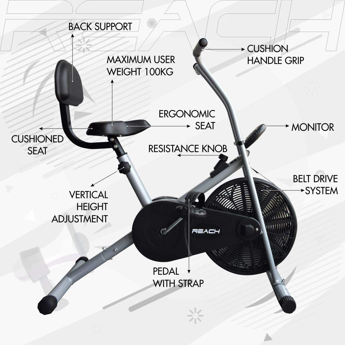 Reach AB-90 Air Bike Exercise Cycle Indoor Gym Equipment with Back Support Seat | Stationary Upright Exercise Bike for Fitness & Cardio Workouts | Suitable for Weight Loss Exercise with Adjustable Seat & Resistance - Image 2