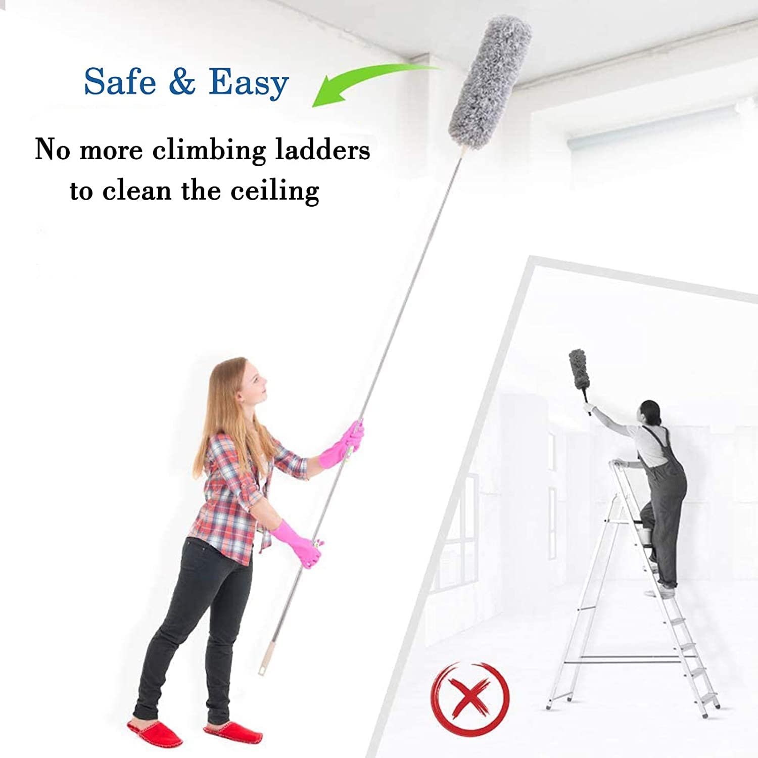 UCRAVO 2025 Upgraded Fan Cleaning Mop Microfiber Duster with Extension Pole(Stainless Steel), Extra Long 100 inches, with Bendable Head, Extendable Duster for Cleaning High Ceiling Fan, Interior Roof - Image 3
