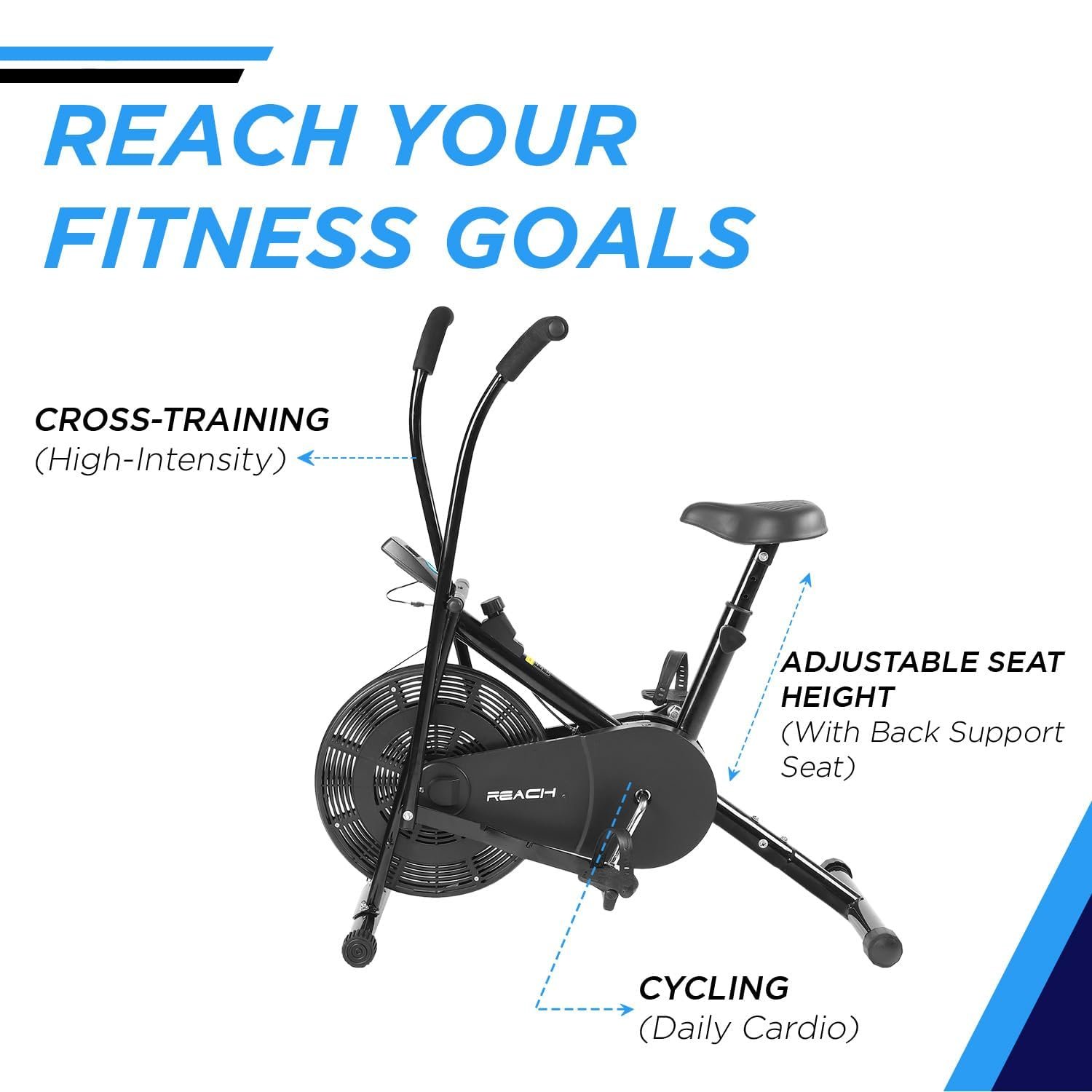 Reach AB 110 Upright Air Bike with Moving/Stationary Handle | Adjustable Resistance with Cushioned Seat | Max User Weight 110 Kg | Exercise Fitness Cycle | Cardio Equipment Machine | Home Gym Workout - Image 5