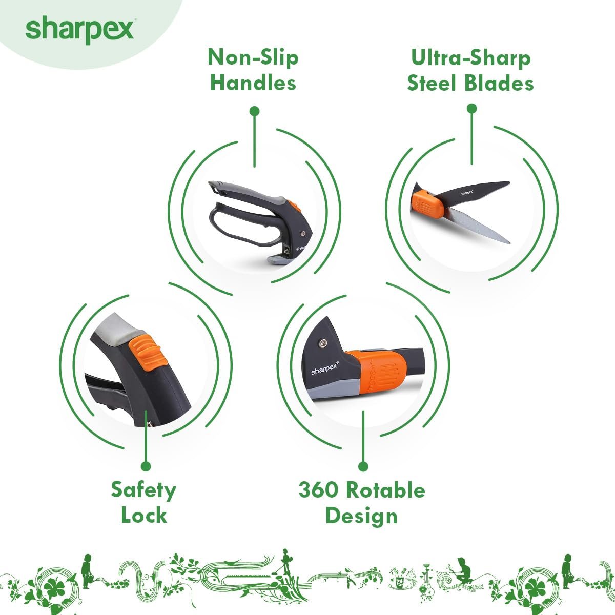Sharpex Manual Grass Hedge Shears - 360° Rotation Blade, Precision Lawn Edge Trimmer with Heavy-Duty Serrated Blade - Comfortable Ergonomic Design, Dual-Sided Cutting (Orange) - Image 3