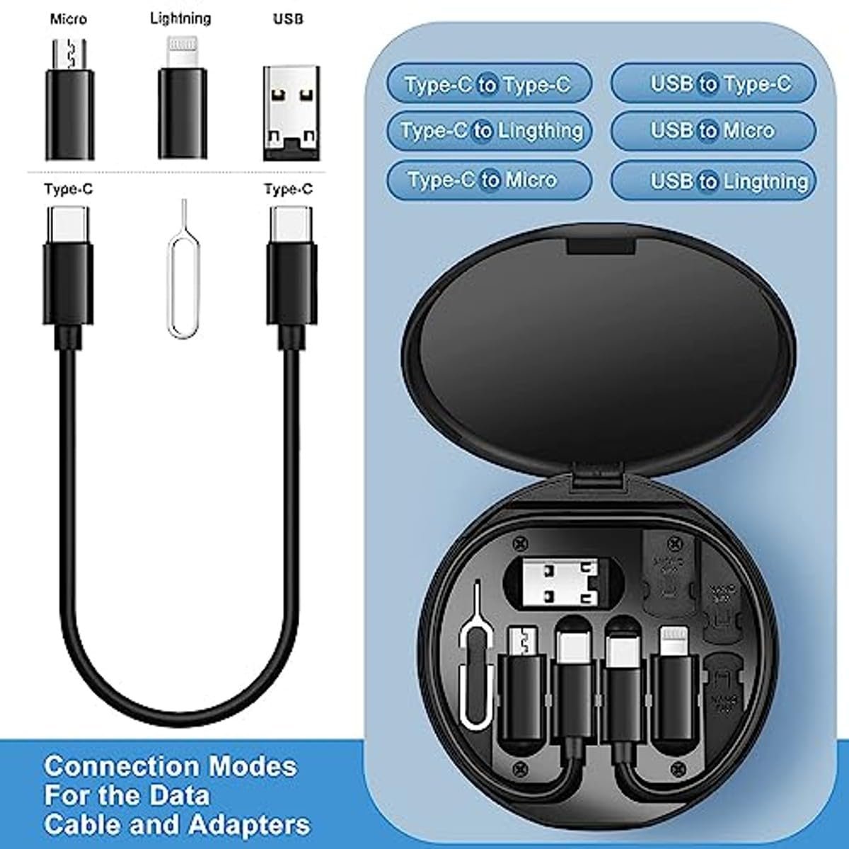 HUMBLE Mini Multi-Functional Fast Charging Data Cable Set for Apple, Android, Type C Charging with Retrieve Card Pin,Round Storage Box,Compact and Portable USB Data Cable Storage Box-Black - Image 5