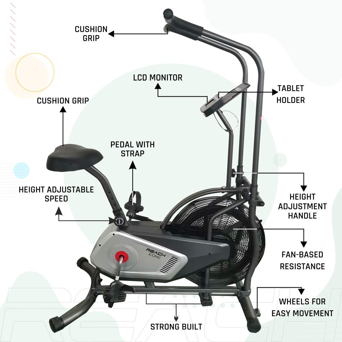 Reach Iconic Air Bike Exercise Cycle for Home Gym | Fan-Based Air Resistance for Cardio & Fitness Workout | Indoor Gym Equipment with LCD Screen and Cushioned Seat - Image 3