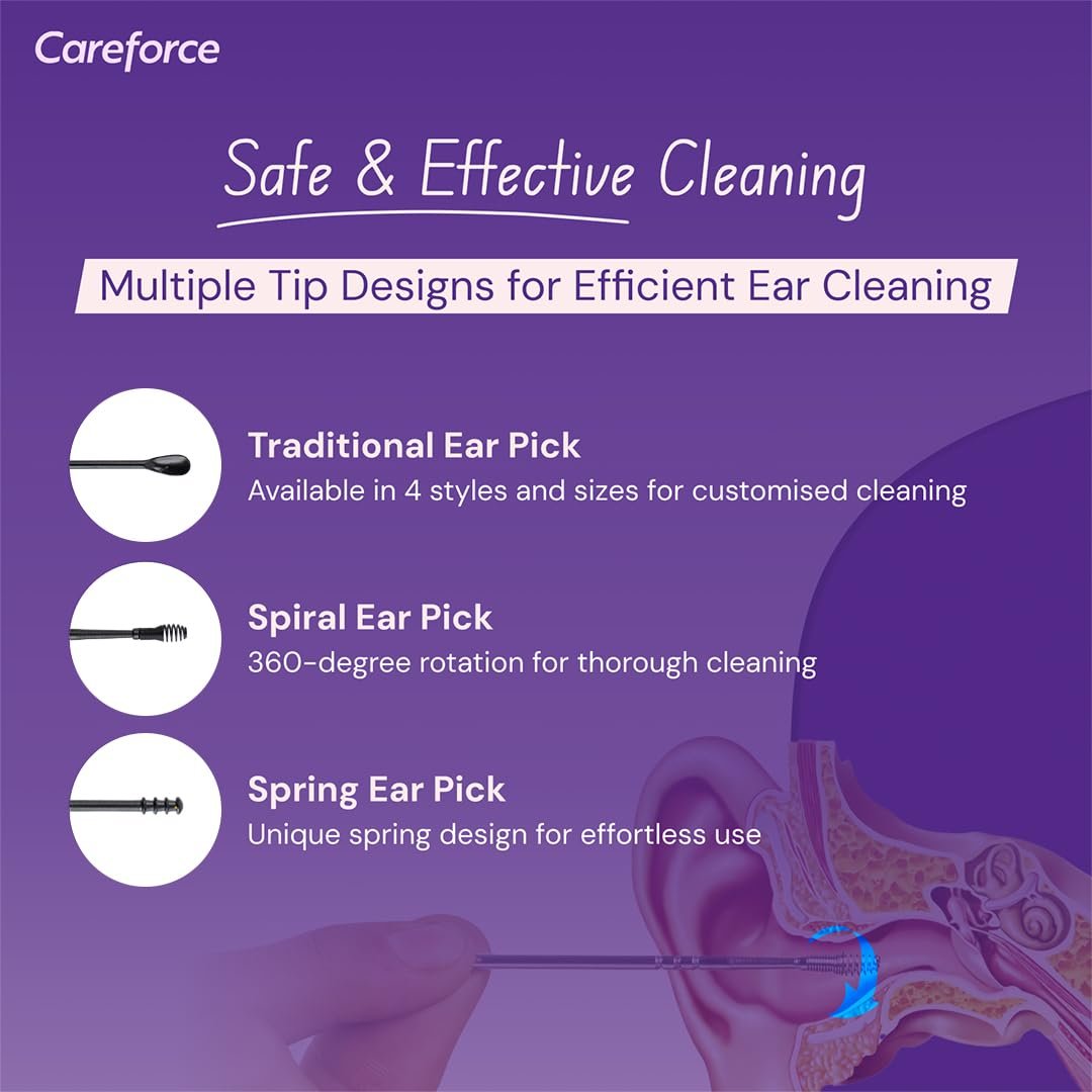 Careforce - The Force Behind Your Health Ear Cleaning Kit Steel & Reusable With Storage Pack Tool Kit With Ear Curette Cleaner And Spring Ear Buds Cleaner 6 Pcs Set Black - Image 3