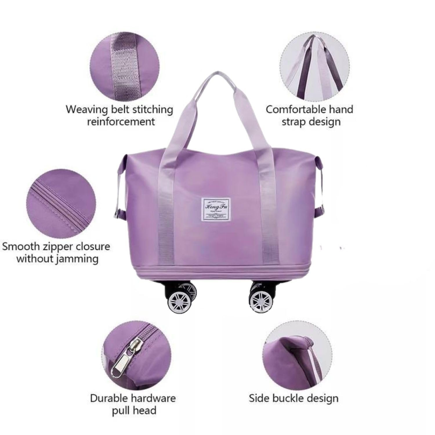 Wazdorf Duffle Bags for Travelling– Foldable Travel Bag with Wheels | Expandable Trolley Luggage for Men & Women | Convertible Carry-On with Strap | Duffle Bags for Men 360° Wheels (Purple) - Image 9