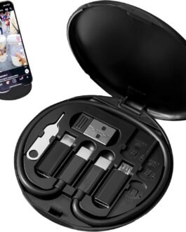 ROKTRY Multifunctional Data Cable Storage Box Adaptor for Lightning, USB-C and Micro-USB Devices Universal Data Transfer Cable Set Contains Card Storage，Phone Holder, Tray Eject Pin(Black)