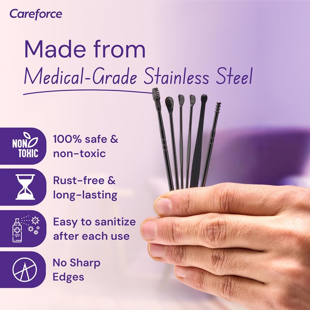 Careforce - The Force Behind Your Health Ear Cleaning Kit Steel & Reusable With Storage Pack Tool Kit With Ear Curette Cleaner And Spring Ear Buds Cleaner 6 Pcs Set Black - Image 2