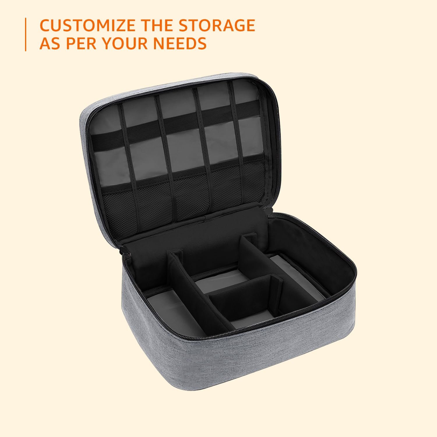 amazon basics Travel Organiser for Electronic Accessories, Flexible Padded Dividers, Waterproof, Foam Padding, for Cables, Chargers, Hard Disk, Power Bank (Grey) - Image 6