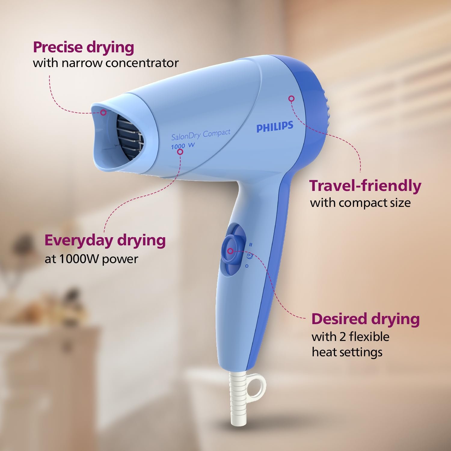 Philips Hair Dryer 1000 Watts | 2 Heat Settings (Hot/Warm) | ThermoProtect Technology prevents overheating | HP8100/60 - Blue | Perfect Blow Dry For Men & Women | 2 years Warranty - Image 2