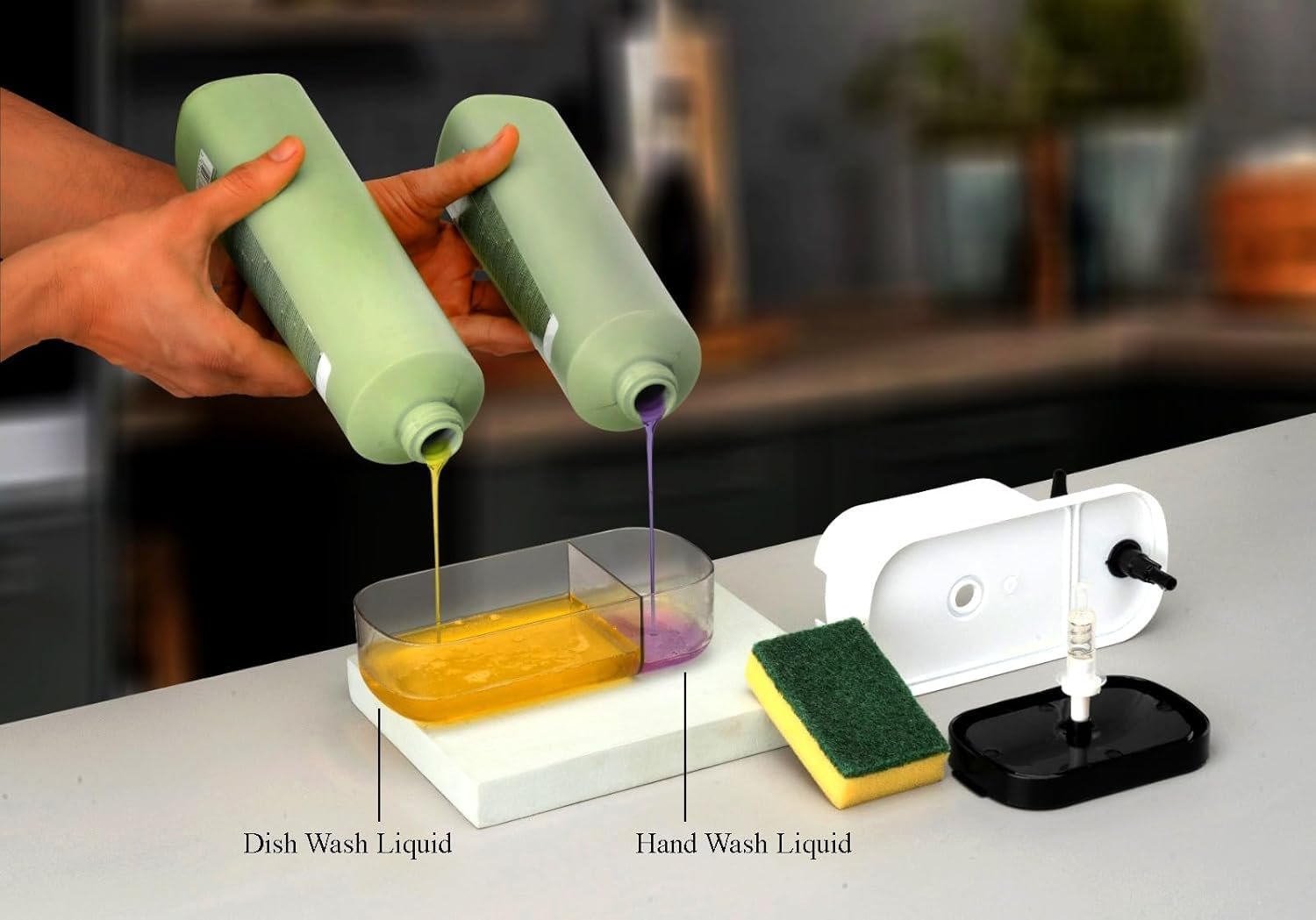 MARKWELL Plastic 3 in 1 Soap Pump Dispenser Dish Soap Liquid Dispenser Sponge Holder Dish Soap Pump Dispenser for Kitchen Sink Countertop Kitchen Bathroom (Multi-Color) - Image 6