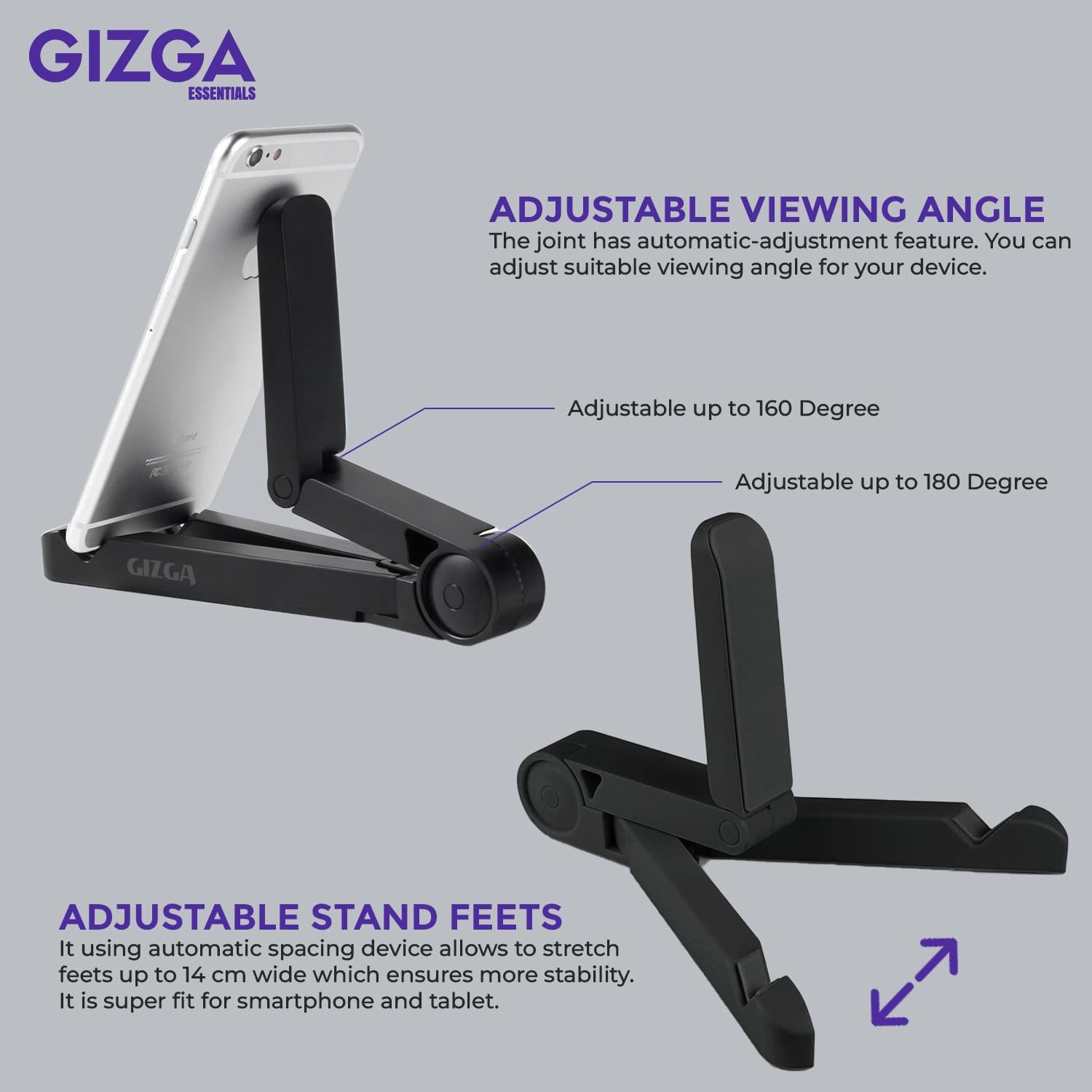 GIZGA essentials Universal Tablet Stand & Mobile Holder| Portable-Foldable, Adjustable Angle, Anti-Slip Pads| Desktop Stand Cradle, Dock for iPad, Smartphone, Kindle, E-Reader, 7-10" Device (Black) - Image 2