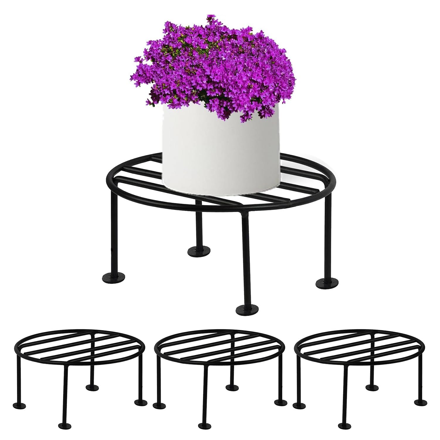 Pivalo Round Plant Stand Galvanised Metal Gamla Support Corner Rack Display Shelf Indoor & Outdoor Flower Pot Holder for Planters Home Garden Balcony Decoration (Pack of 4, Black)