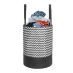 PrettyKrafts 45L Non Woven Wave Printed Round Foldable Large Laundry Bag/Basket With Handle, Freestanding Cloth Storage Organizer for Bedroom, Bathroom (36x36x45cm, Black & White, Set of 1)