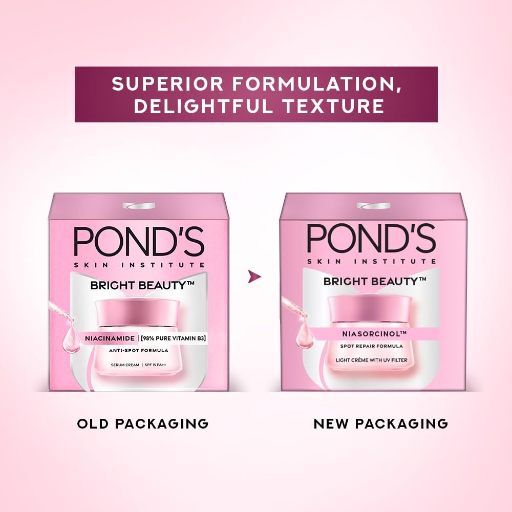 Pond's Bright Beauty Light Cream with UV Filter | Niasorcinol | 100x Better than Vitamin C | Niacinamide | Fades Dark Spots, Brightens Skin, 50g - Image 7