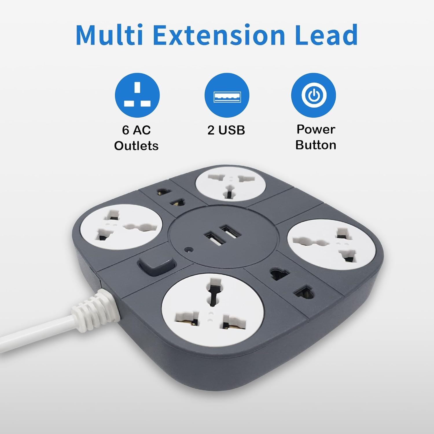 ADDMAX Extension Cord with USB – 6 Power Socket with 2 USB Ports | 1.8 Meter Heavy Duty Cord | 10A 220V Multi Plug Extension Board | Fire Flame Proof Extension Cord for Home & Office – Grey - Image 6