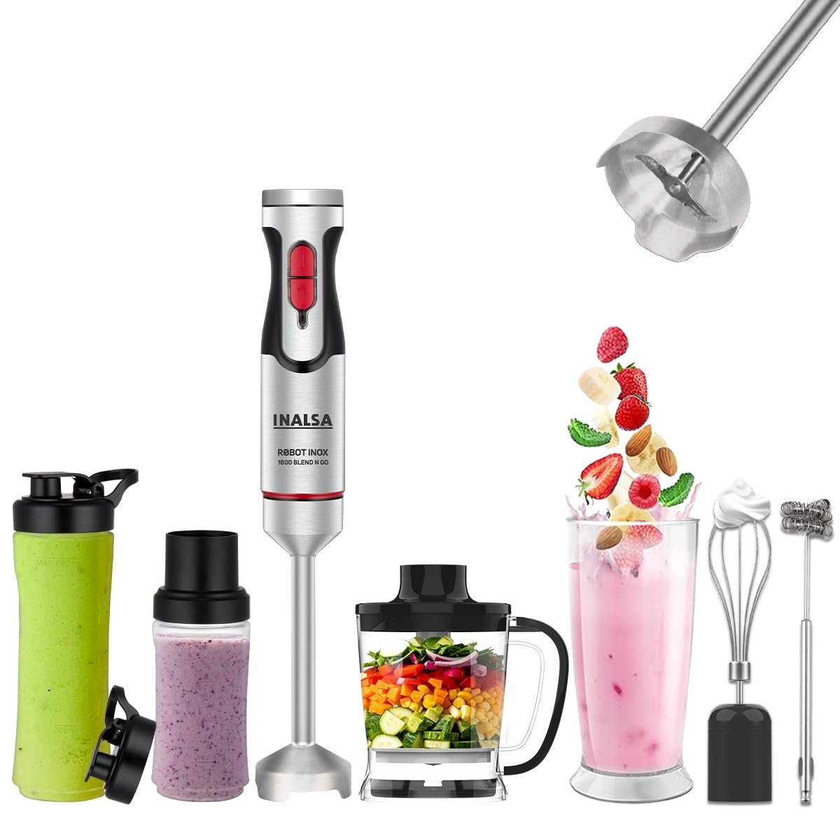 INALSA Hand Blender Mixer|1800W DC Motor|Chopping,Whisking,Frothing,Multipurpose Jar & 2Ready To Go Bottles|20 Speed Control With Turbo Speed|Stainless Steel Rod&Blades|2 Yr Warranty,1800 Blend N Go