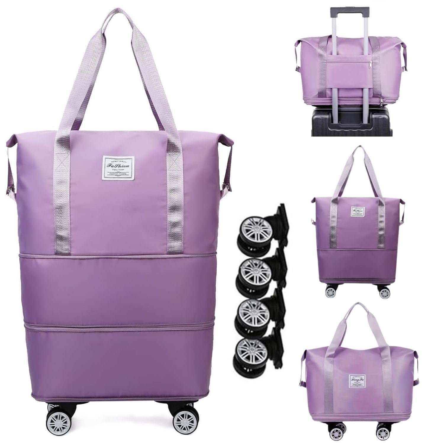 Wazdorf Duffle Bags for Travelling– Foldable Travel Bag with Wheels | Expandable Trolley Luggage for Men & Women | Convertible Carry-On with Strap | Duffle Bags for Men 360° Wheels (Purple)
