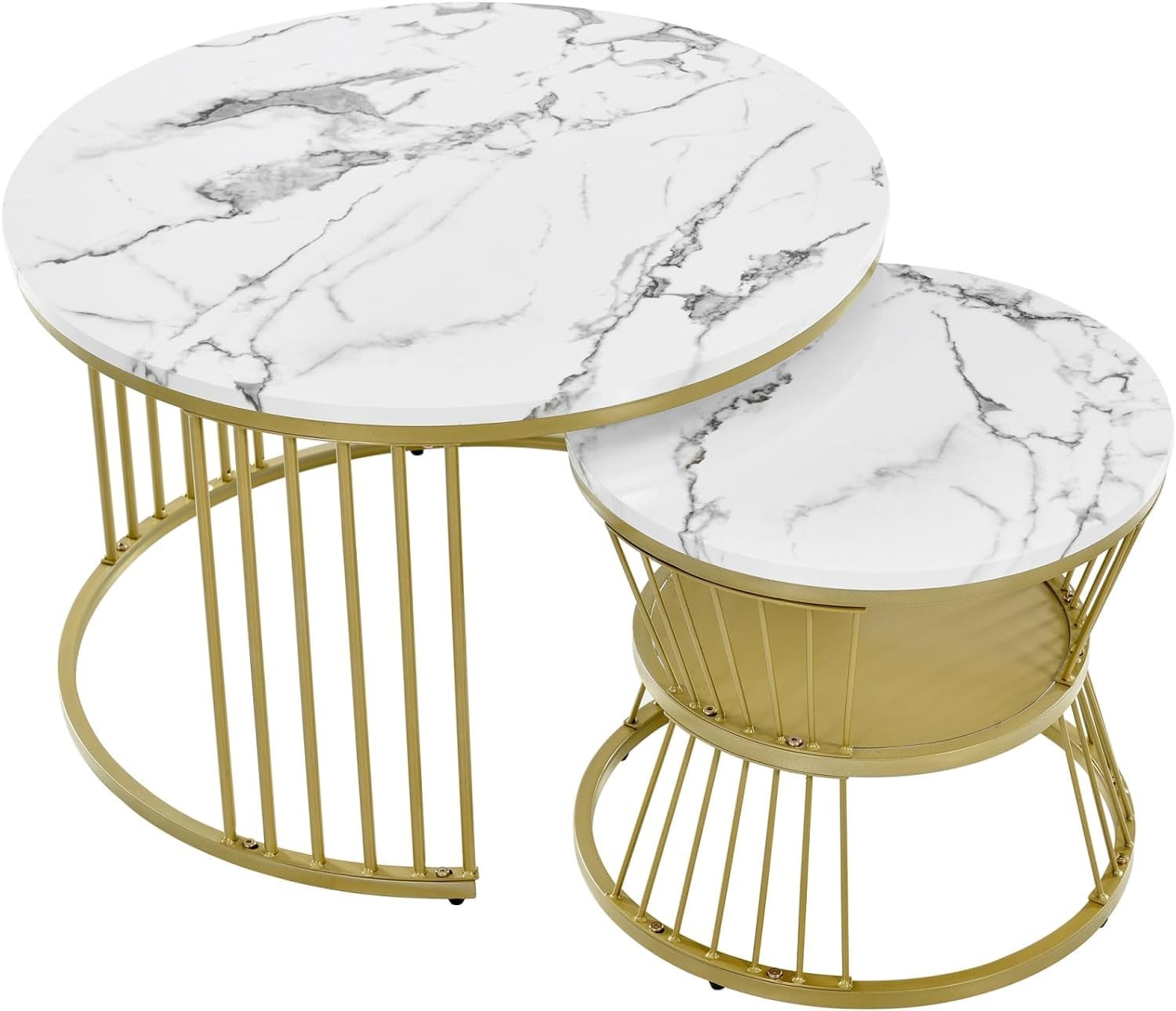 NEST NATURE HAVEN Round Coffee Table, Modern Nestings Table Set of 2, Sofa Side Table with Marble Veneer Top and Metal Frame, End Table for Living Room Bedroom Home or Office (Golden White) - Image 7