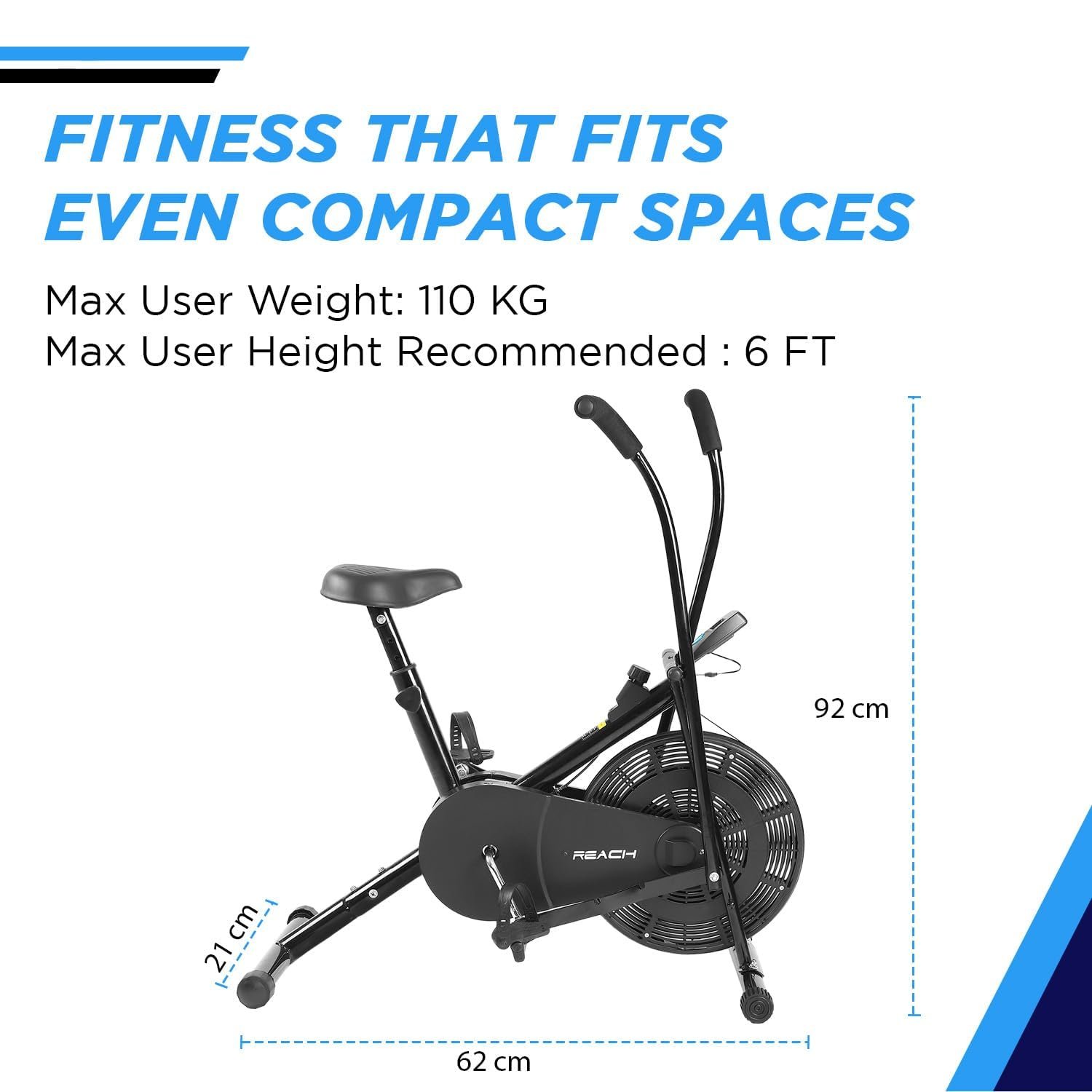 Reach AB 110 Upright Air Bike with Moving/Stationary Handle | Adjustable Resistance with Cushioned Seat | Max User Weight 110 Kg | Exercise Fitness Cycle | Cardio Equipment Machine | Home Gym Workout - Image 2