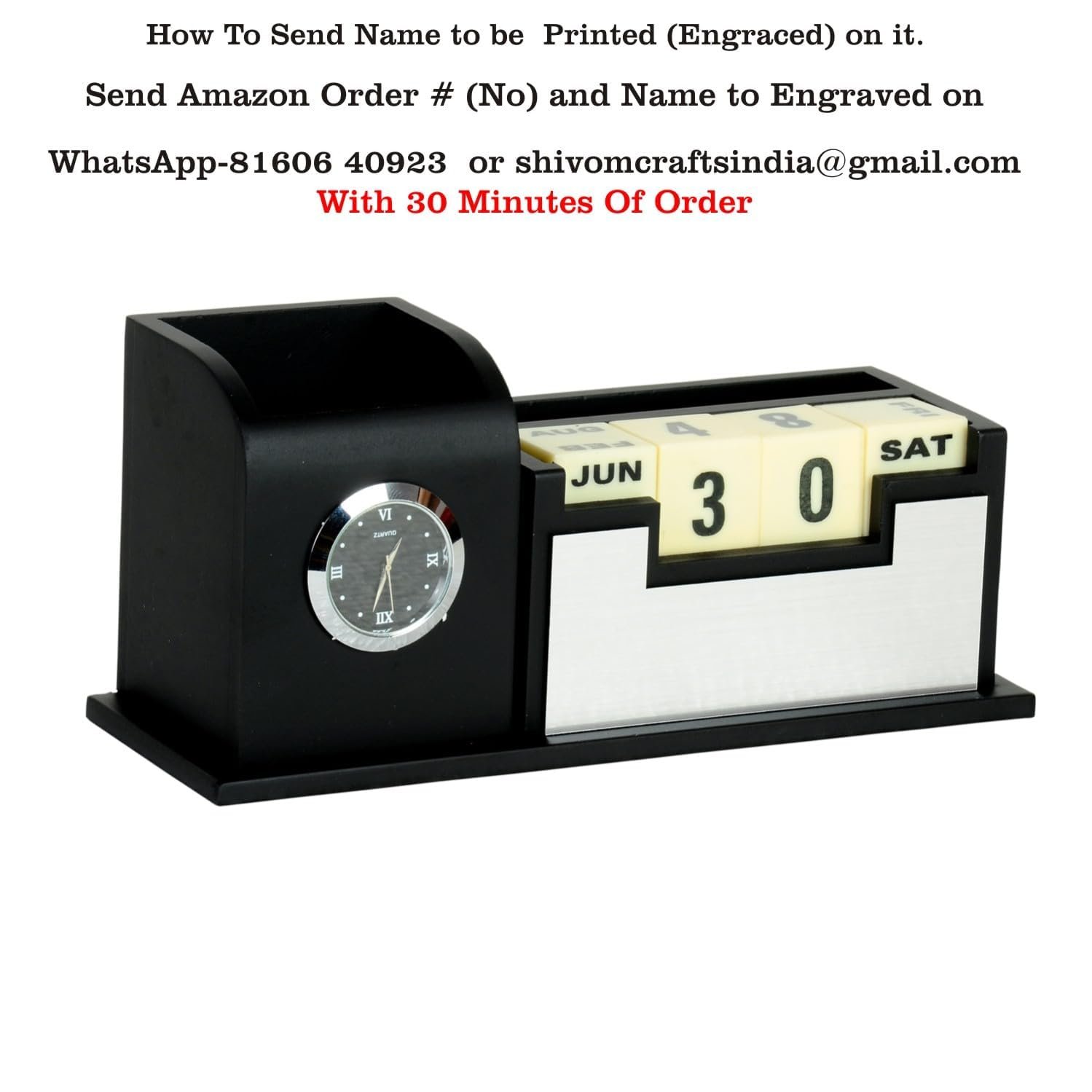 SHIVOM CRAFTS Pen Stand For Office Table, Desk Organizer With Wooden Calendar, Pen Stand, Mobile Holder For Home And Office - Customized Personalized Gift/Get Name Printed (Silver, Stationery) - Image 3