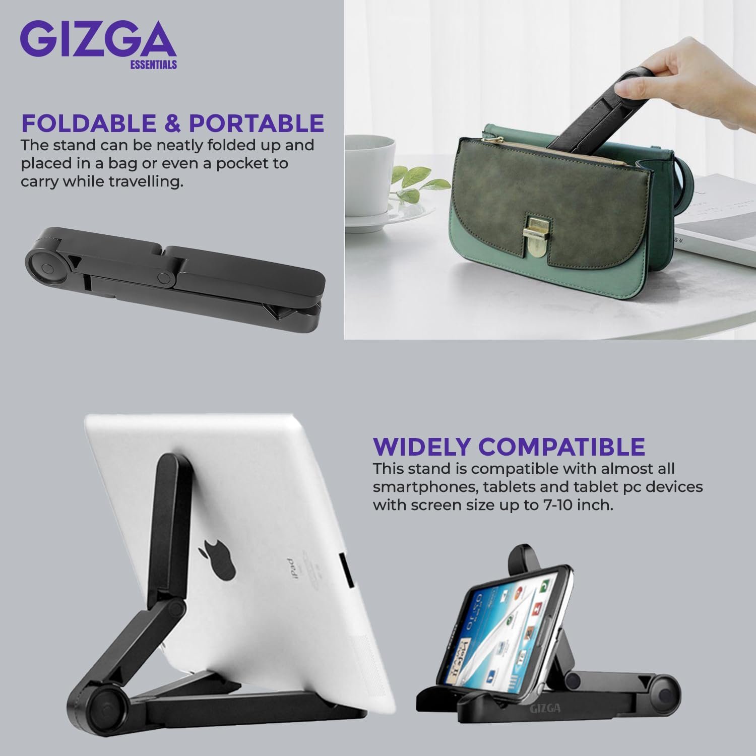 GIZGA essentials Universal Tablet Stand & Mobile Holder| Portable-Foldable, Adjustable Angle, Anti-Slip Pads| Desktop Stand Cradle, Dock for iPad, Smartphone, Kindle, E-Reader, 7-10" Device (Black) - Image 5