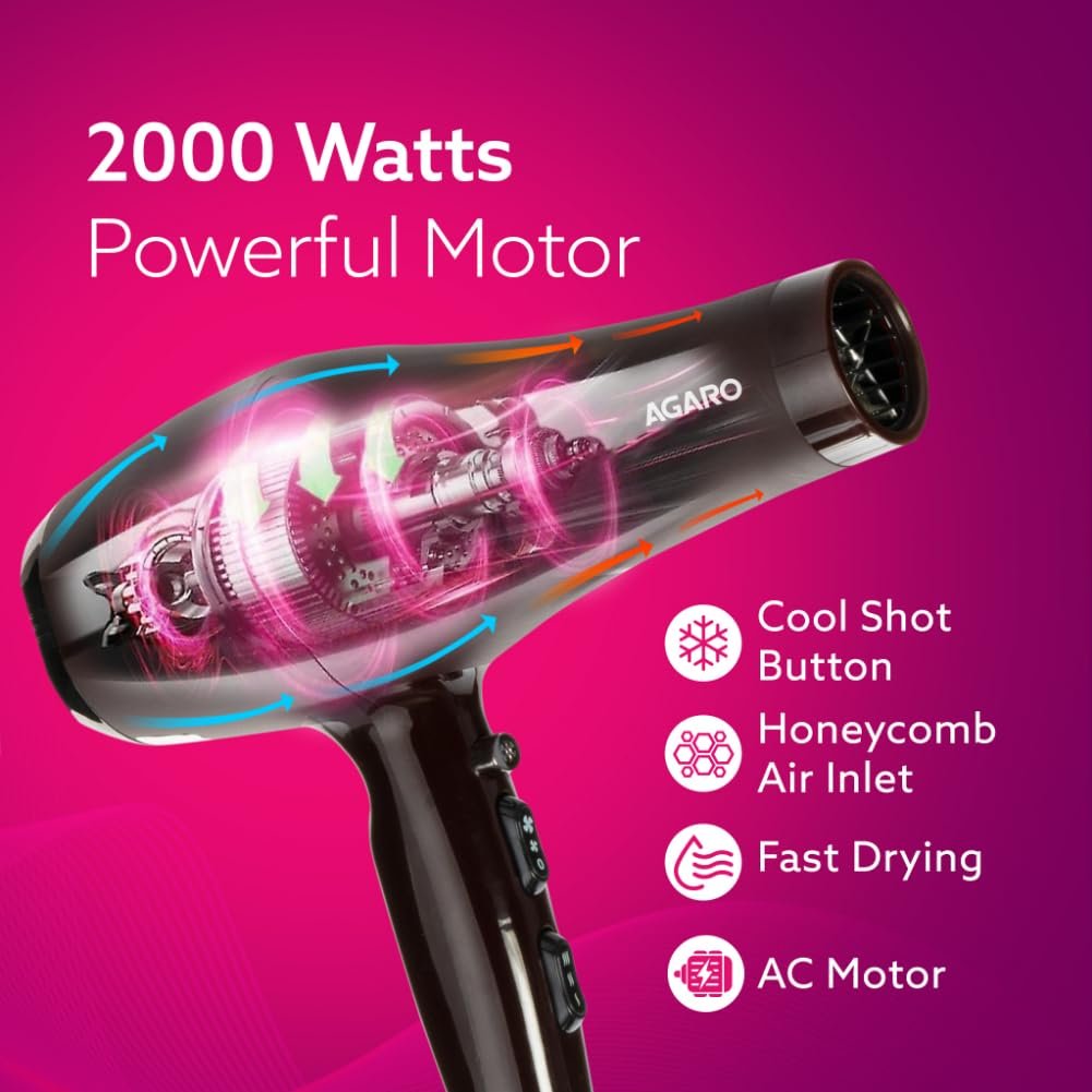 AGARO HD-1120 2000W AC Professional Hair Dryer with Comb, Concentrator & Diffuser Nozzles, Hot & Cold Air, 2 Speed & 3 Temperature Settings with Cool Shot, Hair Dryer & Blower for Men & Women - Image 4
