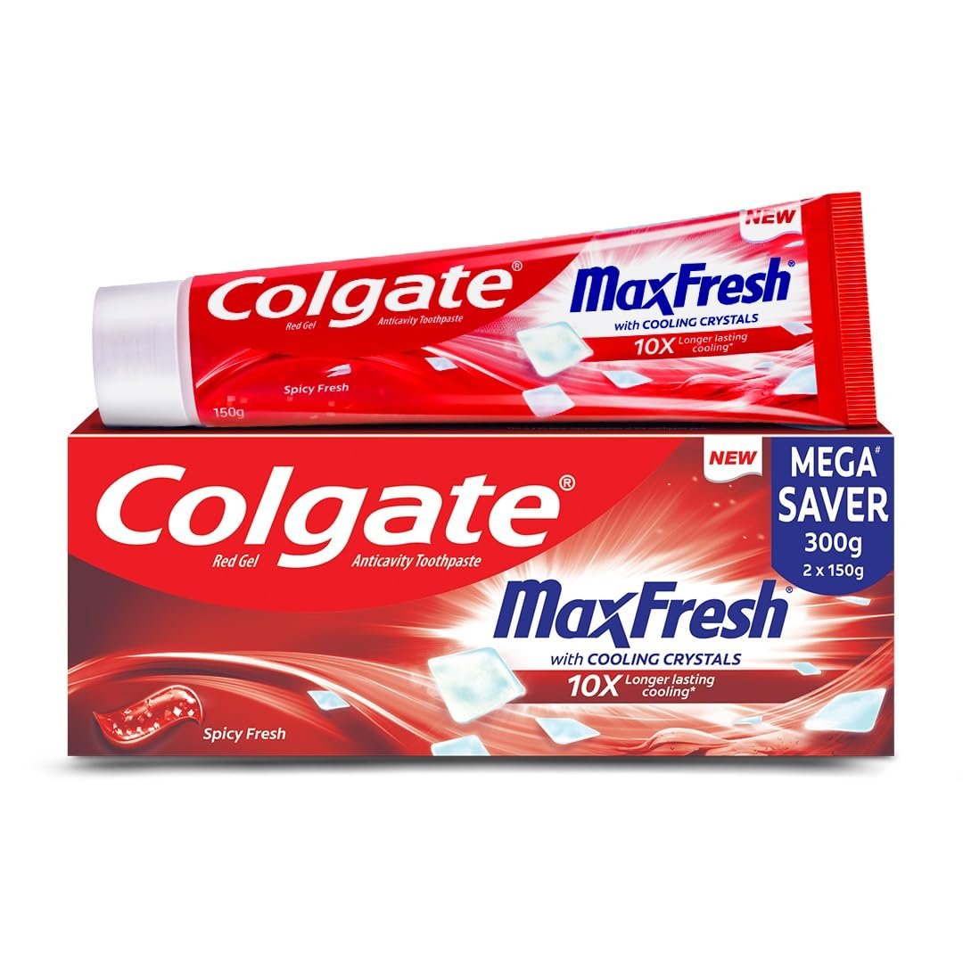 Colgate Max Fresh Toothpaste, Red Gel Paste with Menthol For Tooth Decay Prevention, Cavity Protection, Gum Protection, Whitening, Eliminates Bad Breath (300g, 150g X 2, Spicy Fresh, Saver Pack)