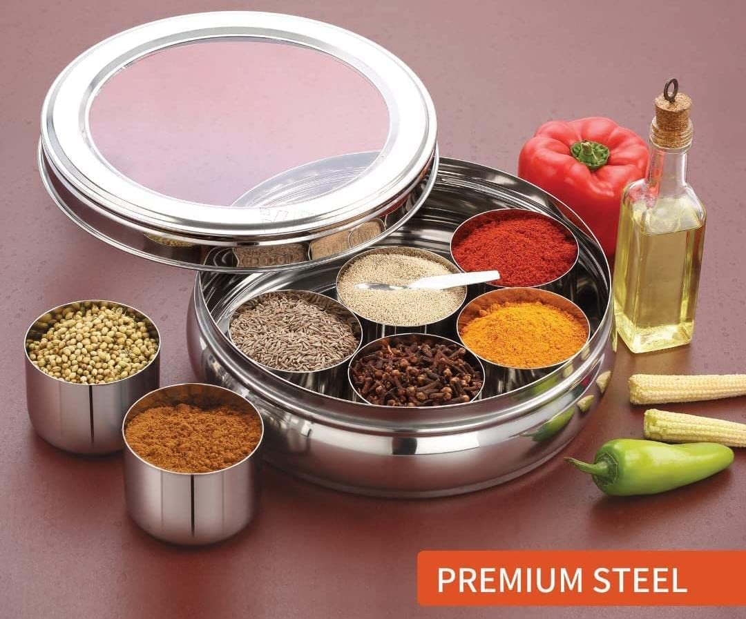 ATROCK Masala Dabba | Masala Box Stainless Steel For Kitchen | Masala Dani | Spice Storage Container (Glass Lid, 1200Ml), Silver - Image 3