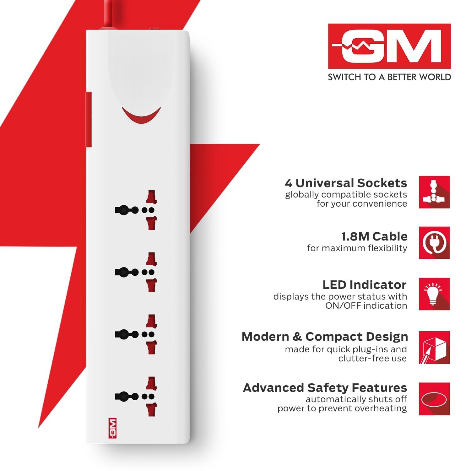 GM 3060 Extension Board 10Amp Output 250 Volts with 2 Mtr Extension Cord & Surge Protector | Master Switch, Safety Shutter, 4 International Sockets | Multi Plug Travel Adapter for Home Appliances - Image 5