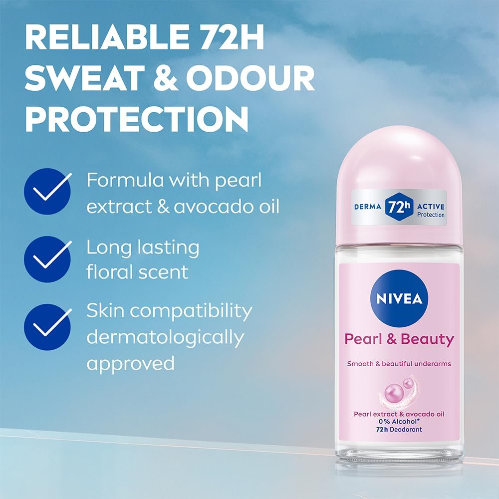 NIVEA Pearl and Beauty 50ml Deo Underarm Roll On | With Pearl Extracts & Avocado Oil | 72 H Long Lasting Floral Scent | 0% Alcohol and Dermat Approved | For Women - Image 3