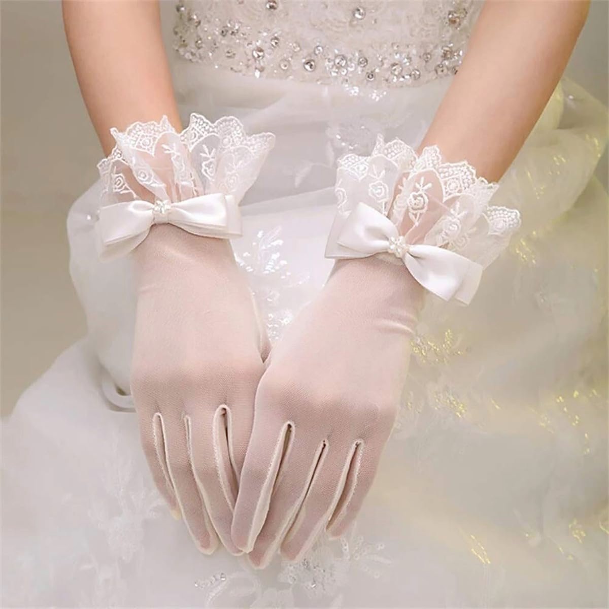 YUPPIN Women’s White Lace Mesh Bridal Accessory with Satin Bow & Pearl Detailing | Elegant Wedding & Party accessory - Image 2