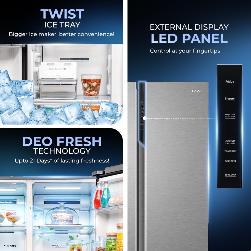 Haier 596L 3Star 2 Door Side by Side Frost Free Refrigerator|100% Convertible|Expert Inverter|Digital Display Panel|Twist Ice Tray|Deo Fresh Technology (HES-690SS, Shiny Silver) - Image 3