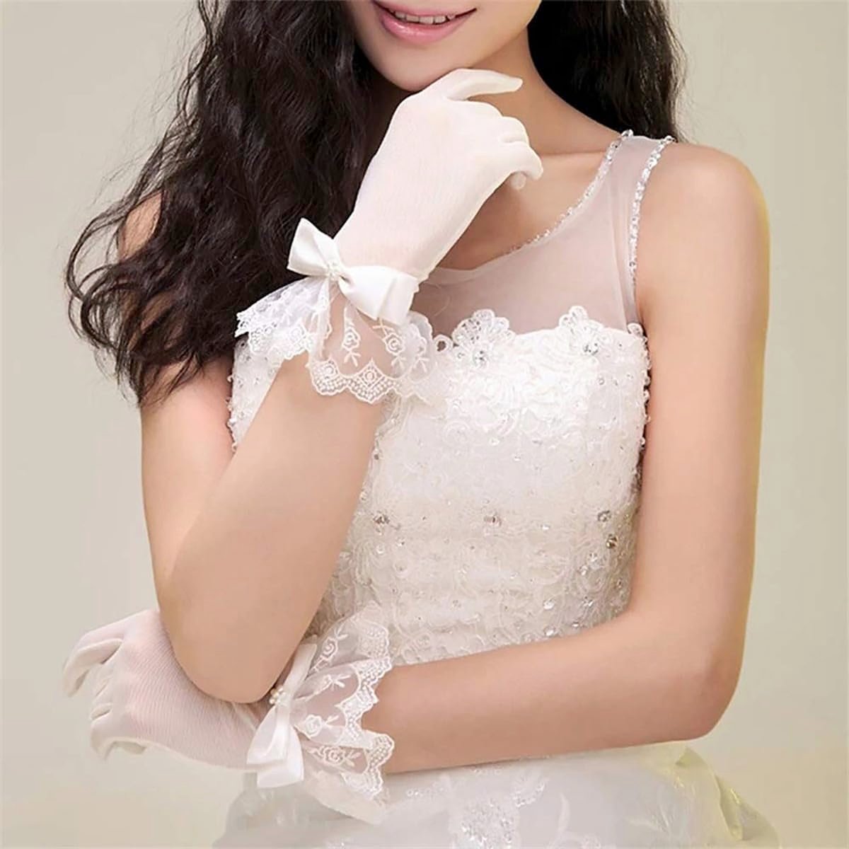 YUPPIN Women’s White Lace Mesh Bridal Accessory with Satin Bow & Pearl Detailing | Elegant Wedding & Party accessory - Image 3