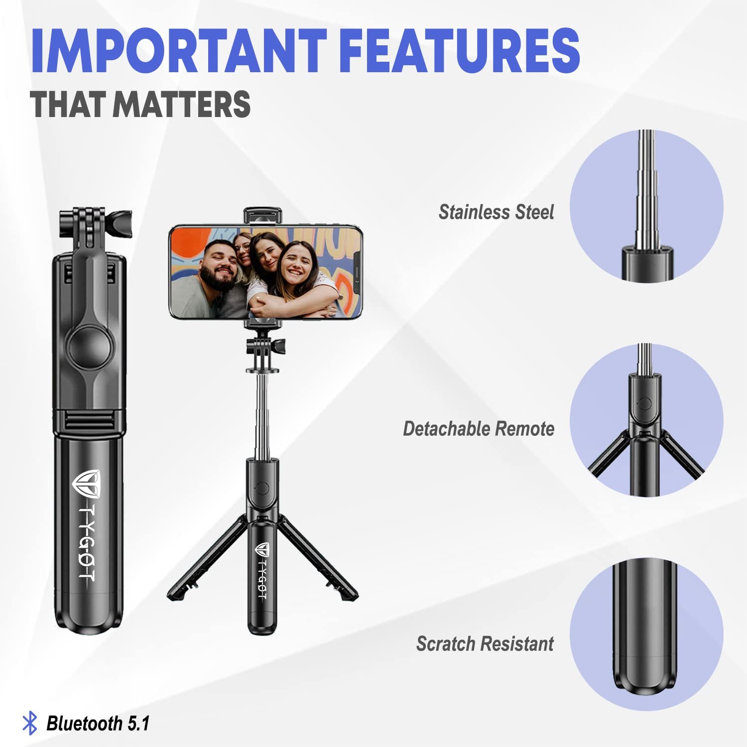 Tygot Bluetooth Extendable Selfie Sticks with Wireless Remote and Tripod Stand, 3-in-1 Multifunctional Selfie Stick with Tripod Stand Compatible with iPhone/OnePlus/Samsung/Oppo/Vivo and All Phones - Image 3