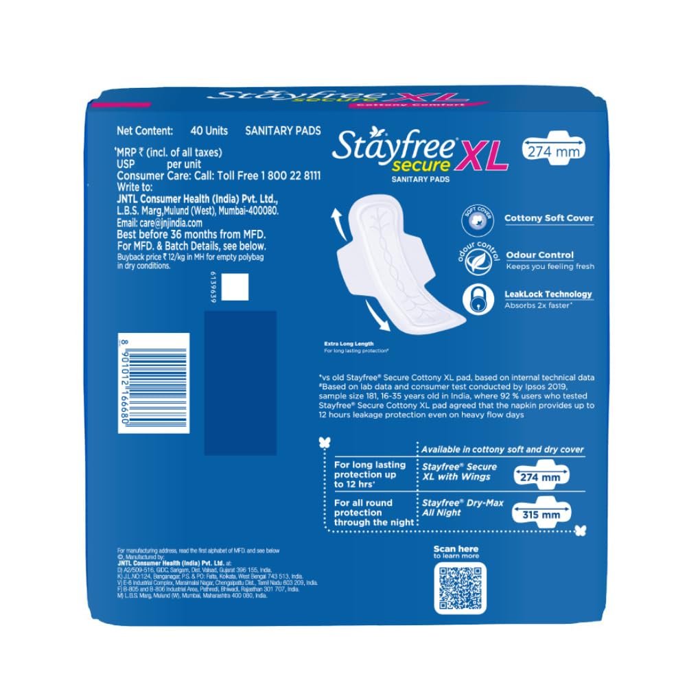 Stayfree Secure xl | Combo packs 120 Pads | Cottony Soft Sanitary Pads for Women | with Leak Lock Technology | Odour Control | Absorbs upto 100% Fluid | Up to 12 Hours of Protection | - Image 2