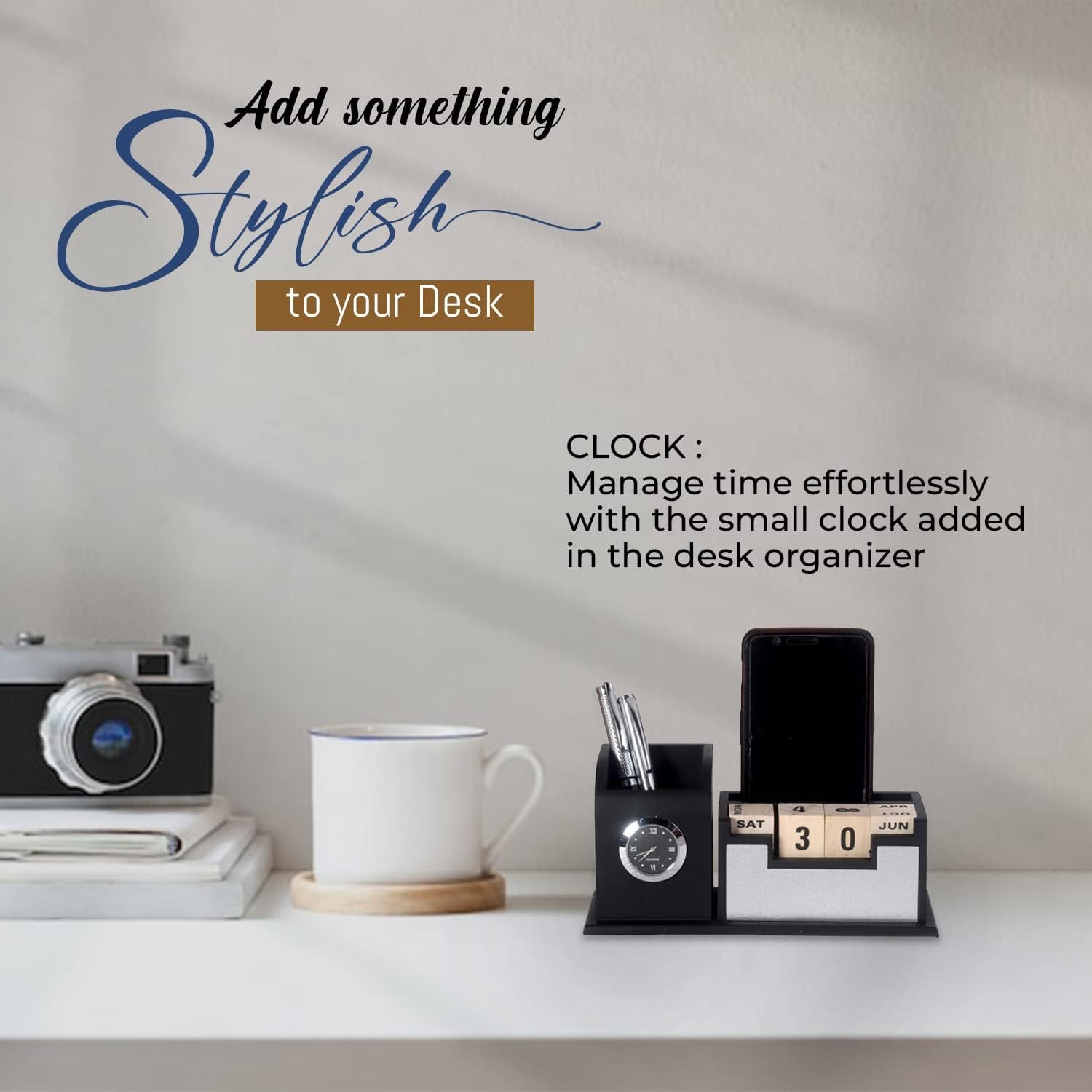 SHIVOM CRAFTS Pen Stand For Office Table, Desk Organizer With Wooden Calendar, Pen Stand, Mobile Holder For Home And Office - Customized Personalized Gift/Get Name Printed (Silver, Stationery) - Image 6